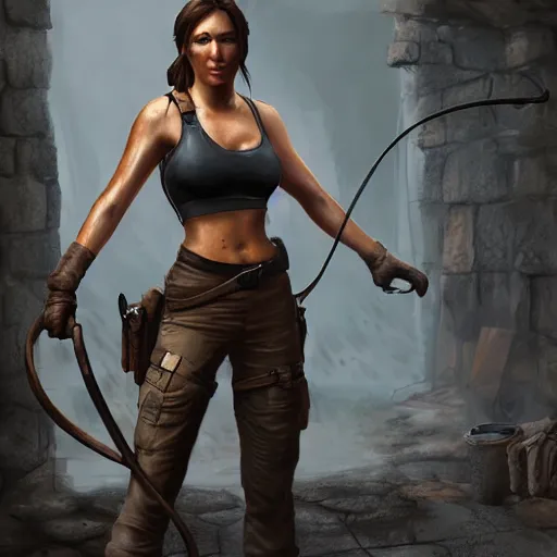 Image similar to Lara croft as blacksmith, wet face , heavy rain ,dramatic, intricate, highly detailed, concept art, smooth, sharp focus, illustration, Unreal Engine 5, 8K