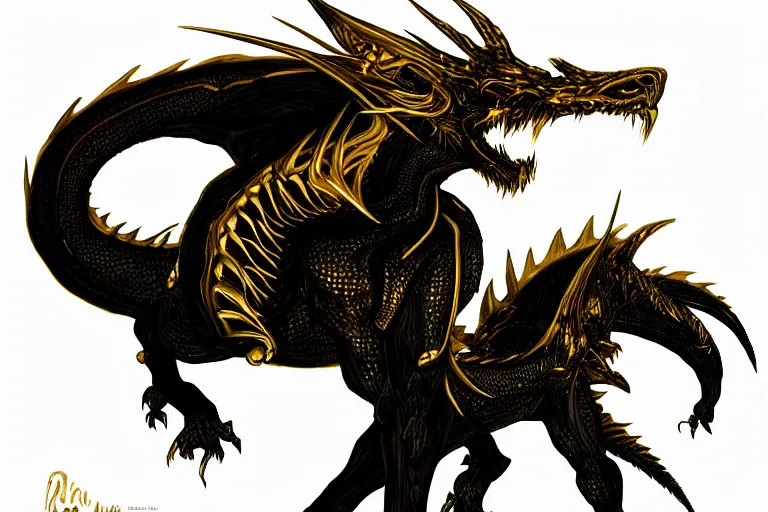 Image similar to ! dream full body digital illustration of an adult dragon of black and gold by randy vargas, bituminous design studio lighting, concept art, matte background, deviantart, artstation