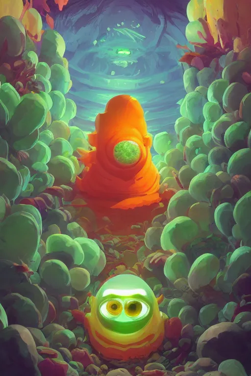 Image similar to roots cactus sushi cristal smurf ghost creature animal sushi cristal very big eye roots cactus elemental flush of force nature micro world fluo fishscale, behance hd by jesper ejsing, by rhads, makoto shinkai and lois van baarle, ilya kuvshinov, rossdraws radiating a glowing aura global illumination ray tracing hdr