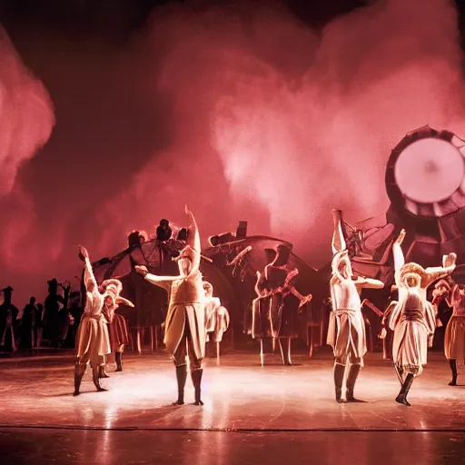 Image similar to award winning Production photo of the Hindenburg disaster the musical on broadway, dancing, singing, costumes by Julie Taymor, set design by Julie Taymor