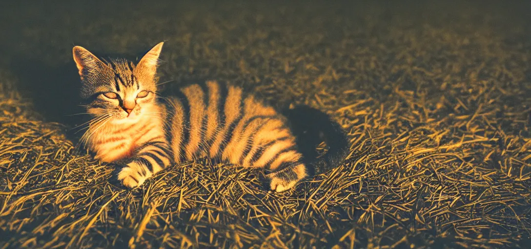 Prompt: a macro photo of a small cat sleeping in the grass inside a tunel at sunset, godrays, complementary colors, warm lighting, raytracing, highly detailed, high quality, 4k HDR, concept art, octane render, unreal engine 5, high coherence