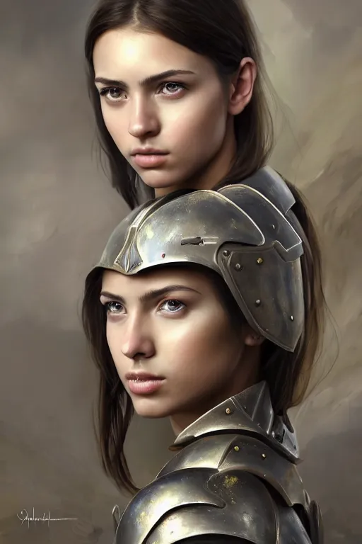 Image similar to a photorealistically painted portrait of an attractive young girl, partially clothed in military battle armor, with an abstractly painted background, flawless olive skin, fair complexion, long dark hair, beautiful bone structure, perfectly symmetric facial features, perfect photorealistic eyes, natural physique, intricate, elegant, digital painting, concept art, finely detailed, beautifully illustrated, sharp focus, minimal artifacts, volumetric lighting, from Halo, by Ruan Jia and Mandy Jurgens and Artgerm and William-Adolphe Bouguerea, in the style of Greg Rutkowski, trending on Artstation, award winning art