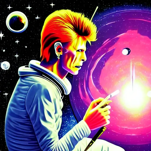 Prompt: close up portrait of david bowie and astronaut major tom sit on the dark side of the moon, listen to pink floyd on an old cassette recorder and smoke a joint, enjoying the contemplation of deep space with millions of galaxies : baroque oil painting anime key visual