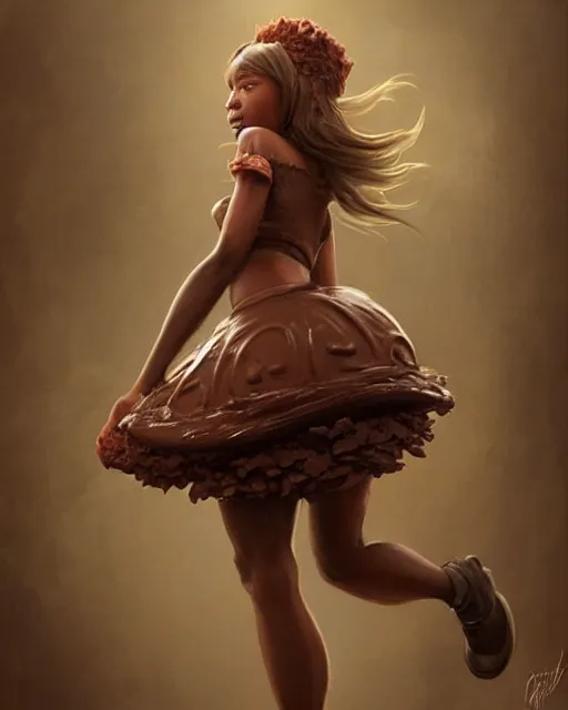 Image similar to a ( girl as personification of chocolate cupcake ), fantasy bakery, realistic digital painting by greg rutkowski, artgerm, krenz cushart, laurie greasly, wlop, intricate, highly detailed!! sharp focus, smooth, epic composition, joyful, unreal engine