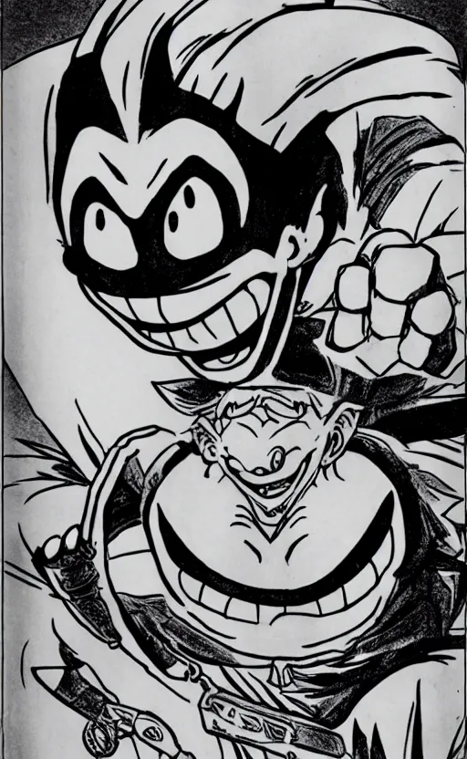 Prompt: man with evil eyes and a grin on his face, Toriyama style