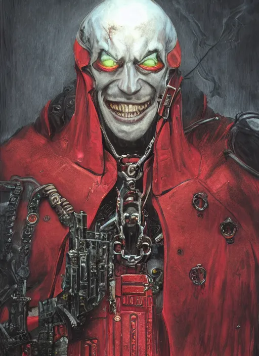 Image similar to portrait of rotten Nicolas Cage as adeptus mechanicus in red hood and robe from Warhammer 40000. Highly detailed, artstation, illustration by and John Blanche and zdislav beksinski and wayne barlowe