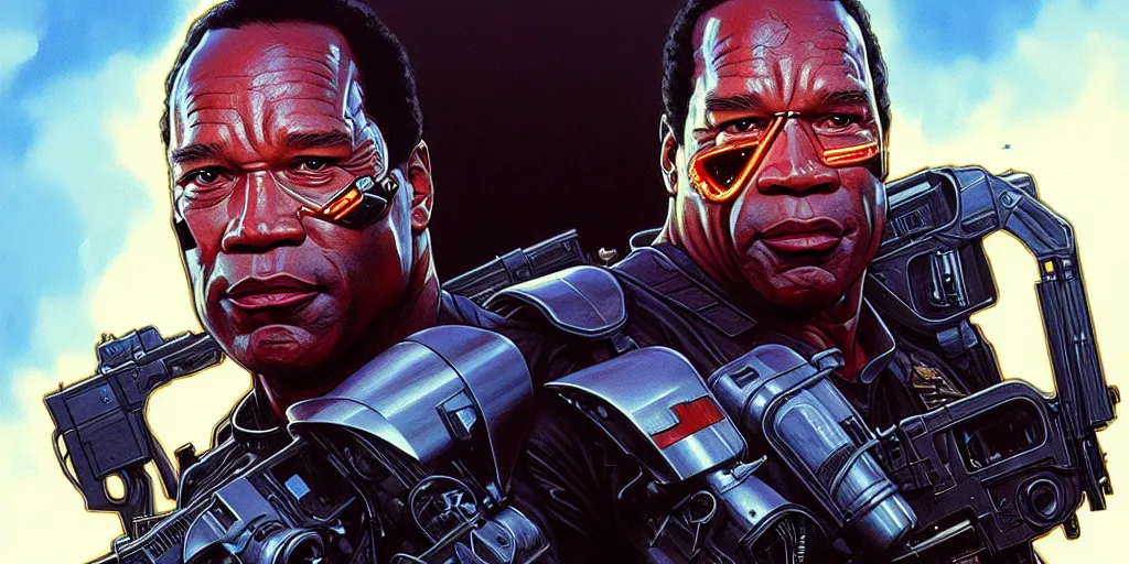 Image similar to oj simpson as the terminator, cinematic, highly detailed, digital painting, artstation, concept art, matte, sharp focus, illustration, art by artgerm and greg rutkowski and alphonse mucha