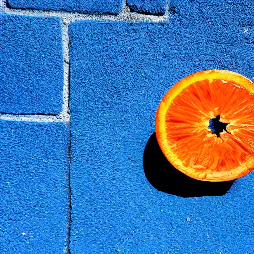 Image similar to A blue orange sliced in half laying on a blue floor in front of a blue wall