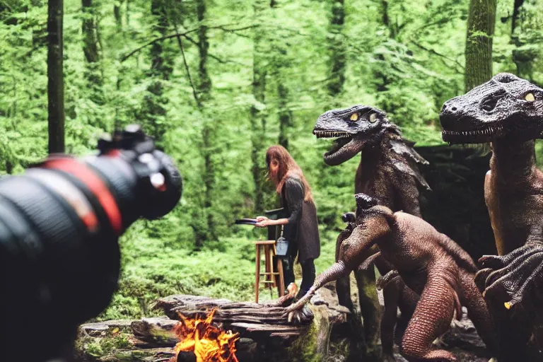 Image similar to 2 4 mm leica anamorphic lens, photo, hyper detailed, neanderthal people eating sushi, surrounded by dinosaurs!, gigantic forest trees, sitting on rocks, bonfire, close up camera on bonfire level