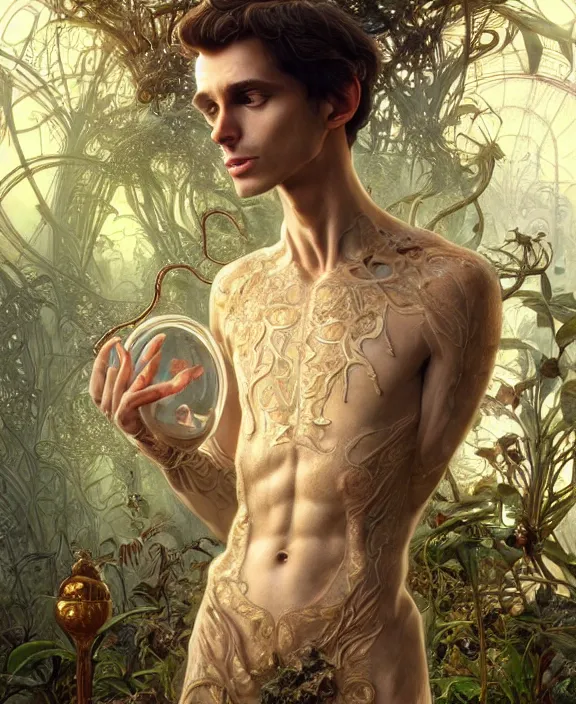 Prompt: intricate ornate opulent transparent clear see - through portrait of a stunning beautiful skinny male alien centipede, mottled coloring, adorable, childlike, overgrown jungle environment, ultra realistic, concept art, art nouveau, photorealistic, octane render, 8 k, unreal engine. art by christopher marley and artgerm and greg rutkowski and alphonse mucha