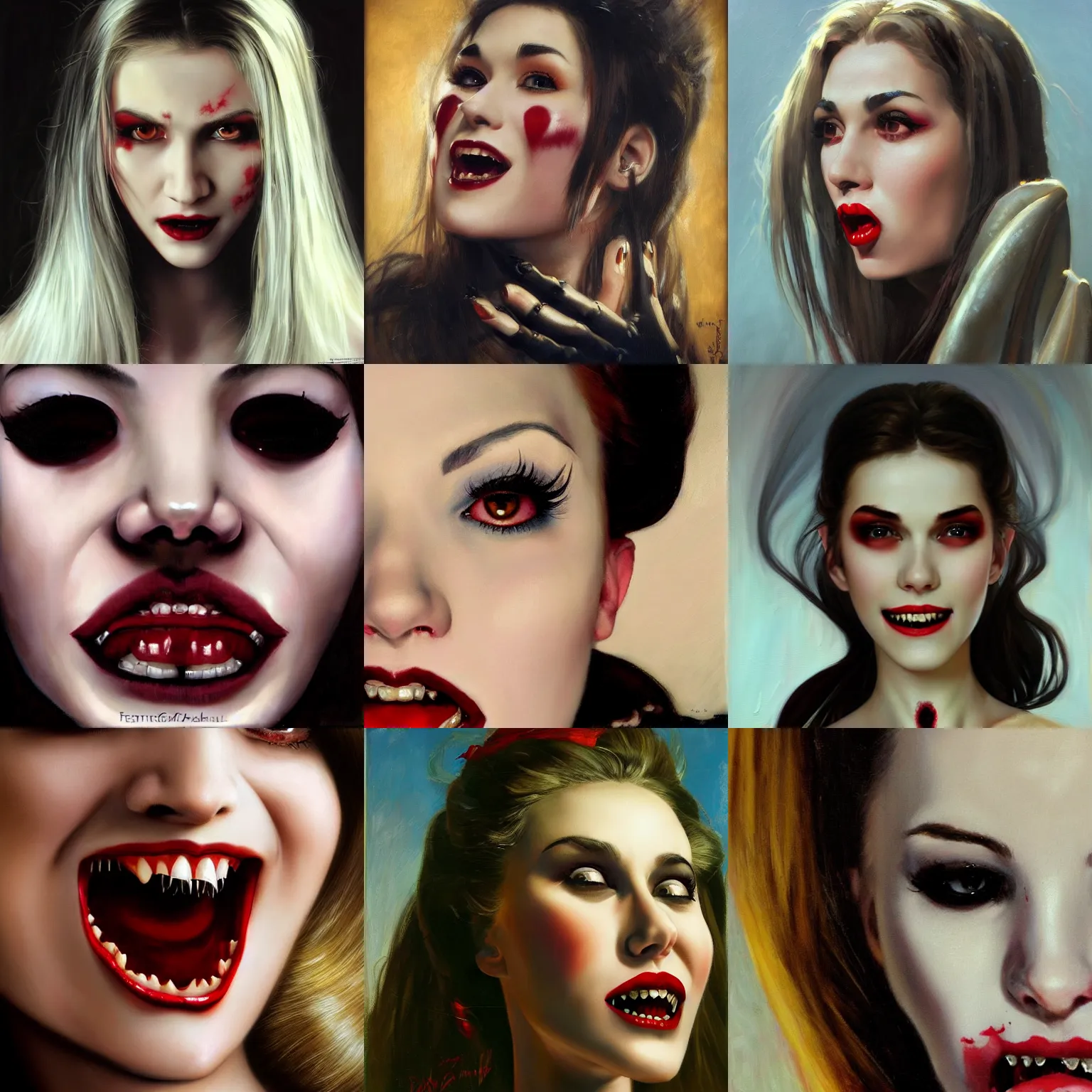 Prompt: close up face of a beautiful female VAMPIRE with fangs slightly showing, portrait, oil on canvas, artgerm, norman rockwell, craig mulins, trending on pxiv,