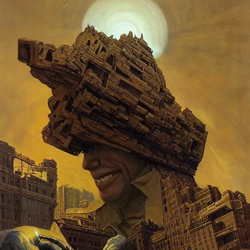 Image similar to portrait of immense, majestic, surreal, terrifying joe!!!! biden!!! crushing the city, perfectly clear face, by j. c. leyendecker, bosch, and beksinski