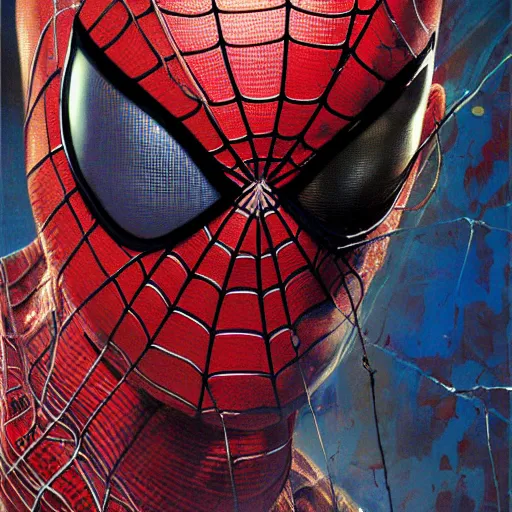 Prompt: detailed masterpiece head and shoulders portrait of struggling Spiderman by Ayami Kojima, Amano, Karol Bak, Gottfried Helnwein and Mark Brooks and Meats Meier and Ryan Brown, rich deep colors. the agony is real. Beksinski painting, part by Adrian Ghenie and Gerhard Richter and Jeremy Mann. art by Takato Yamamoto. medium shot. masterpiece . intricate artwork by Tooth Wu and wlop and greg manchess, greg rutkowski, very coherent artwork, cinematic, hyper realism, high detail, octane render, unreal engine, 8k, Vibrant colors, Smooth gradients, High contrast. by Katsuhiro Otomo and James Jean, inspired by anime, movie grain, intricate detail, extremely detailed. painting by Arthur Rackham, Eugene de Blaas, Frederic Leighton