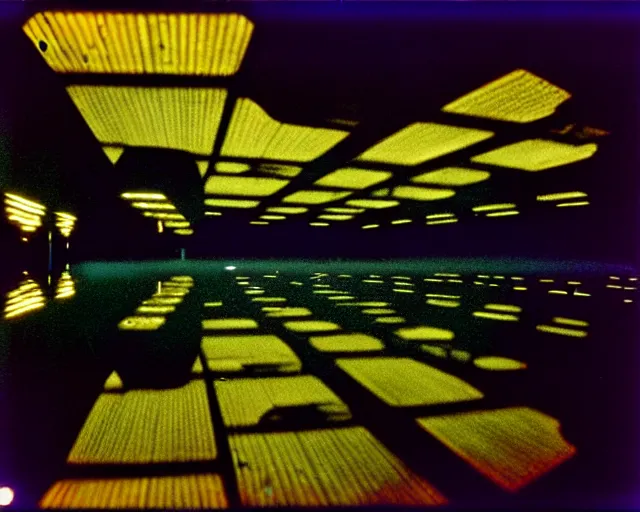 Prompt: low angle shot of a space port at night, aquatic plants, shabby chic, cinematography by Jim Jarmusch, composition by Hale Woodruff,in the style of Nan Goldin, set design by Antonin Gaudí, 35mm, graflex, color film photography
