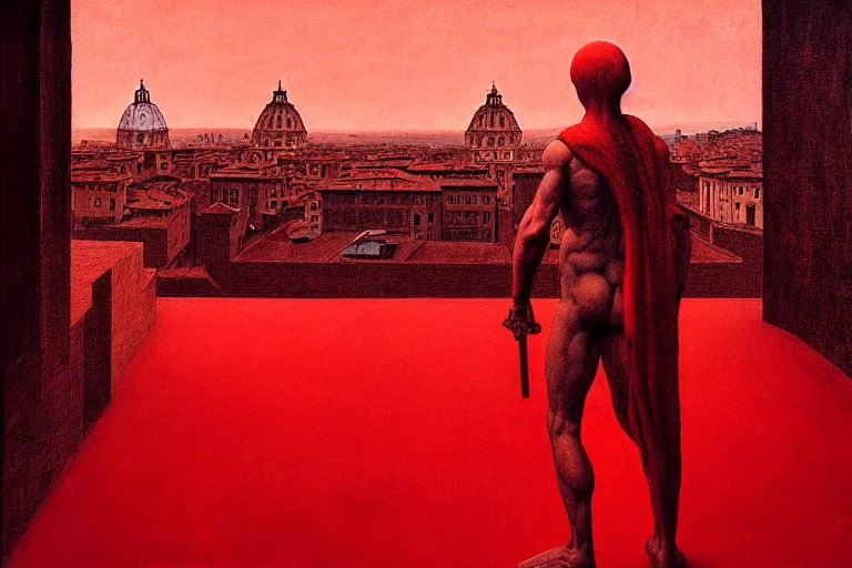 Image similar to only with red, caesar after war, the deal, a red tiger, in hoc signo vinces, rome in background, an ancient path, in the style of beksinski, part by hopper, part by rodcenko, part by hofbauer, intricate composition, red by caravaggio, insanely quality, highly detailed, masterpiece, red light, artstation