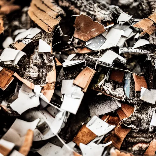 Image similar to book ripped up by a chainsaw, pieces flying everywhere, close up, dslr photo