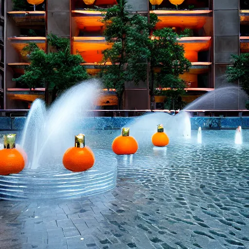 Prompt: magical potions floating in a mystical brutalist space while fountains flow out of oranges