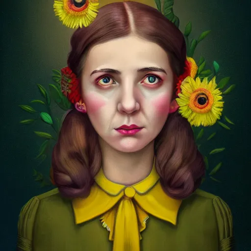 Image similar to colorful and festive cute female adolf hitler with tan skin, clear sharp todd solondz face, wearing yellow floral blouse. full body, rich vivid pastel colors, ambient lighting, dynamic lighting, 4 k, atmospheric lighting, painted, intricate, highly detailed by charlie bowater