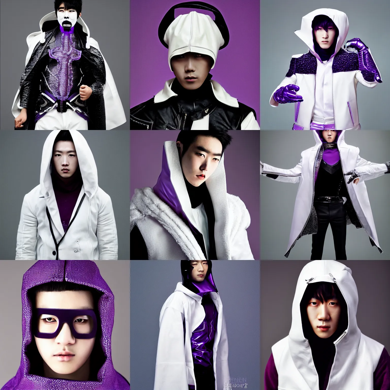 Prompt: male ulzzang with white leather garment and hood, black cybernetic enhancements, purple crystal jewelry, full shot, fashion photography, by irving penn and storm thorgerson, ren heng