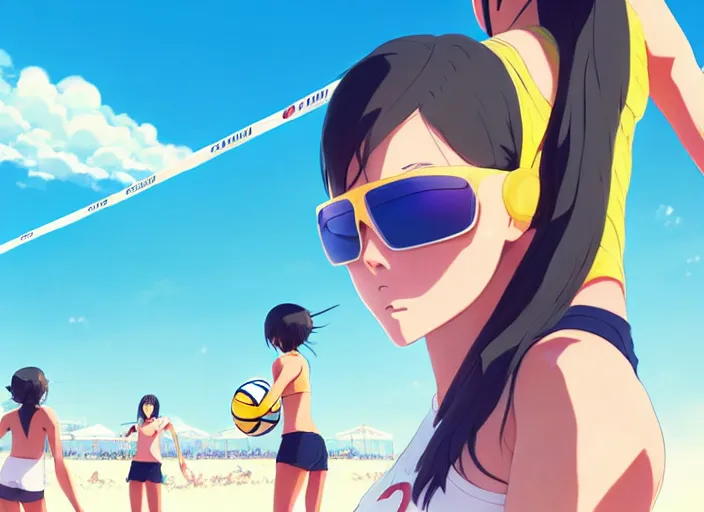 Prompt: portrait of high school girl playing beach volley, sunny sky background stadium landscape illustration concept art anime key visual trending pixiv fanbox by wlop and greg rutkowski and makoto shinkai and studio ghibli and kyoto animation symmetrical facial features sports clothing futuristic yellow glasses nike shirt