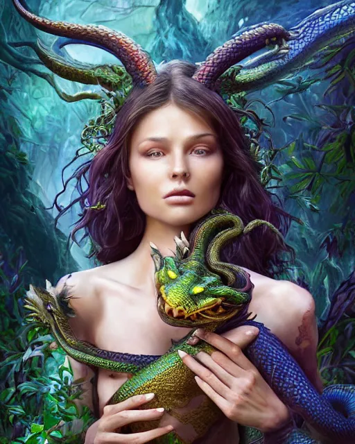 Prompt: portrait high definition photograph beautiful woman holding a dragon fantasy character art, hyper realistic, pretty face, hyperrealism, iridescence water elemental, snake skin armor forest dryad, woody foliage, 8 k dop dof hdr fantasy character art, by aleski briclot and alexander'hollllow'fedosav and laura zalenga and roger dean