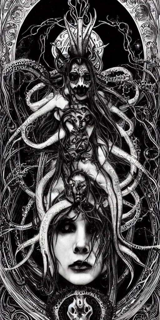 Image similar to intense glowing pagan black metal god with horns and tentacles and intense glowing eyes and a bloody skull in very dark cosmic space by h r giger and alphonse mucha and karol bak, portrait, fantasy, clear, light beams, lens flare, intense, uhd, amazing depth, cinematic lighting, red and black and white