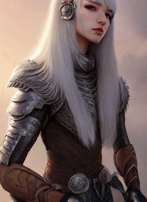 Image similar to warrior, fur leather armor!!! beautiful and elegant white hair female!! gorgeous ayes!! character concept art, sharp focus, octane render! unreal engine 5! highly rendered!! trending on artstation!! detailed linework!! illustration by artgerm, wlop, and chie yoshii