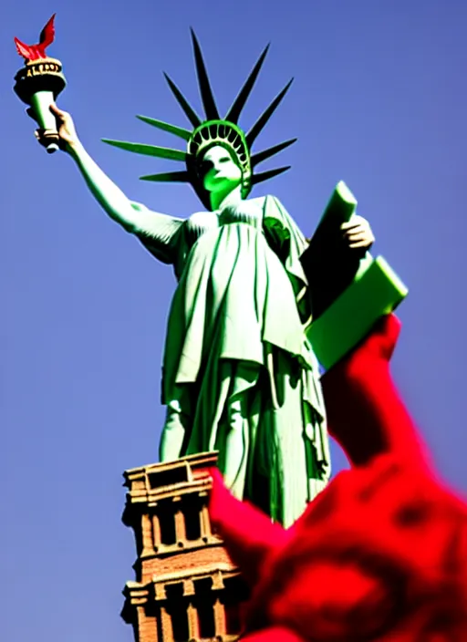 Image similar to woman dressed like lady liberty sitting on a red dragon