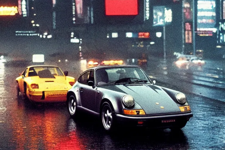 Image similar to a single 1 4 8 0 porsche 9 1 1, racing down tokyo highway in the rain, movie still from bladerunner