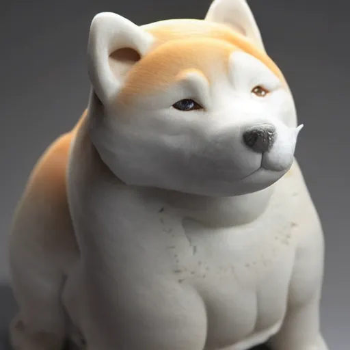 Image similar to a very beautiful intricately shaped organic sculpture carved from steamed buns depicting a shiba inu. studio lighting, high resolution, high quality, dark background