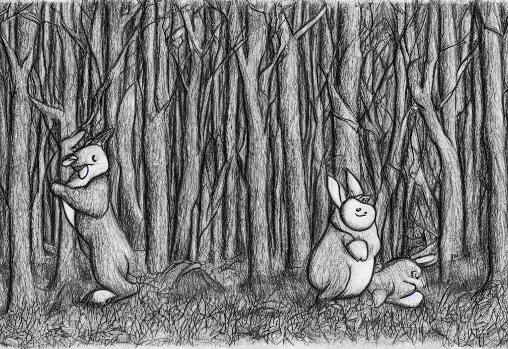 Image similar to drawing of a sighting of big chungus in a forest, award winning drawing, high detail