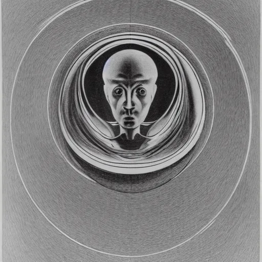 Image similar to self portrait of an AI staring into a metal sphere mirror by MC Escher, lithograph