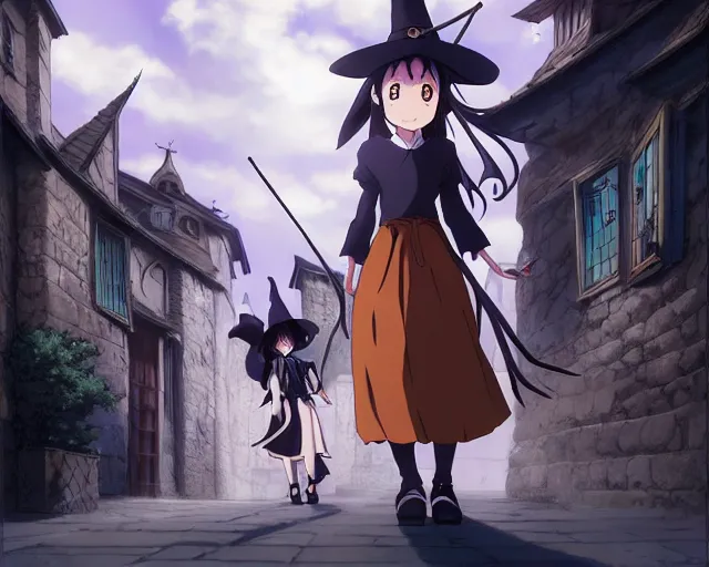 Prompt: ( ( majo no tabitabi ) ), key anime visual portrait of a young female witch walking through a busy medieval village, dynamic pose, dynamic perspective, cinematic, dramatic lighting, detailed silhouette, anime proportions, perfect anime, yoh yoshinari, ( murata range )