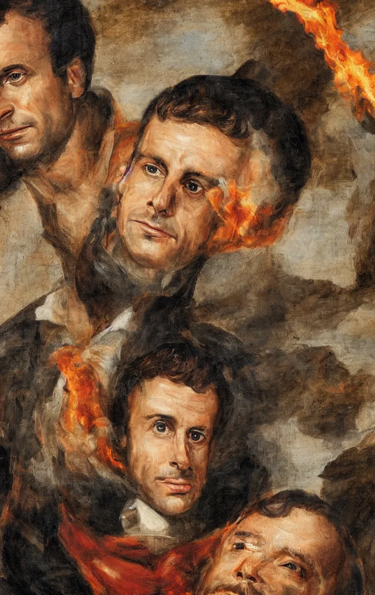 Image similar to portrait of emmanuel macron is catching fire, renaissance protrait