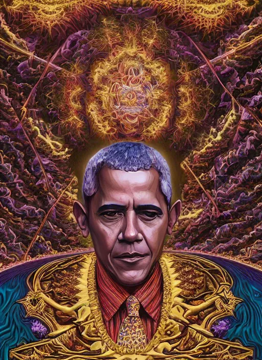 Image similar to beautiful oil painting, full length portrait of Barack Obama in coronation robes 1701, baroque, Dan Mumford, Dan Mumford, Alex grey, Alex grey, highly detailed , lsd visuals, dmt fractal patterns, hallucinogen, visionary art, psychedelic art, ornate, vaporwave, baroque