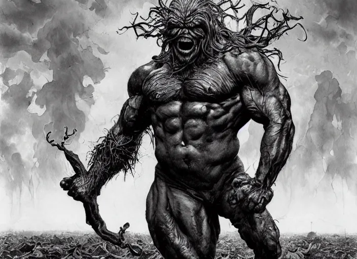 Image similar to renaissance grotesque full body portrait painting of angry bodybuilder swamp thing walking to the camera, camera puller back far, in a wasteland, landfill, elegant artwork by lee bermejo and greg rutkowski and alphonse mucha