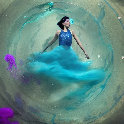 Image similar to woman dancing underwater wearing a flowing dress made of blue, magenta, and yellow seaweed, delicate coral sea bottom, swirling silver fish, swirling smoke shapes, octane render, caustics lighting from above, cinematic, hyperdetailed