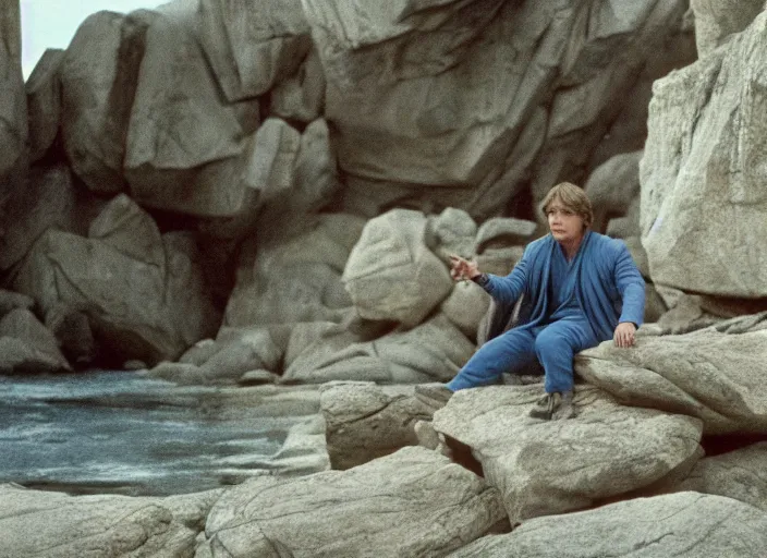 Prompt: screenshot of Luke Skywalker using the force to make rocks float around him, sitting outside on the rocky jedi temple, famous scene from the last jedi, 1980s film directed by Stanley Kubrick cinematic lighting, moody cinematography, with anamorphic lenses, crisp, detailed portrait, 4k image