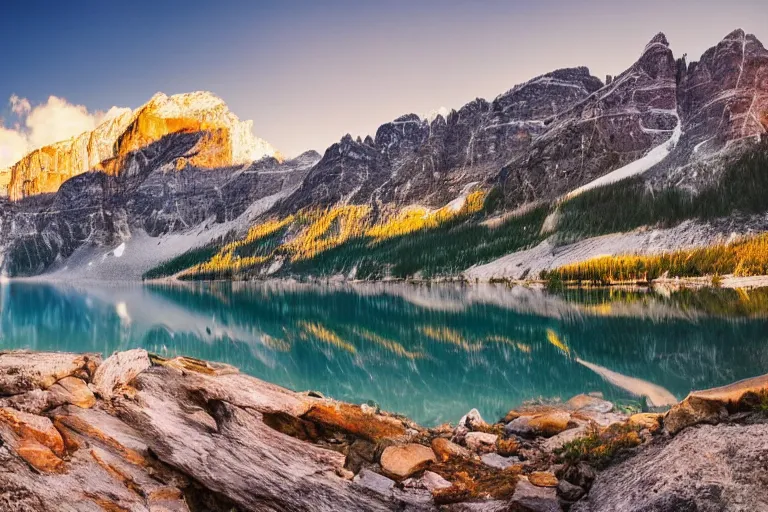 Image similar to beautiful landscape photography of the Rocky Mountains with a crystal blue lake, serene, dramatic lighting.