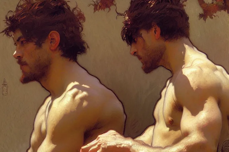 Image similar to 2 attractive male, painting by gaston bussiere, craig mullins, greg rutkowski, alphonse mucha