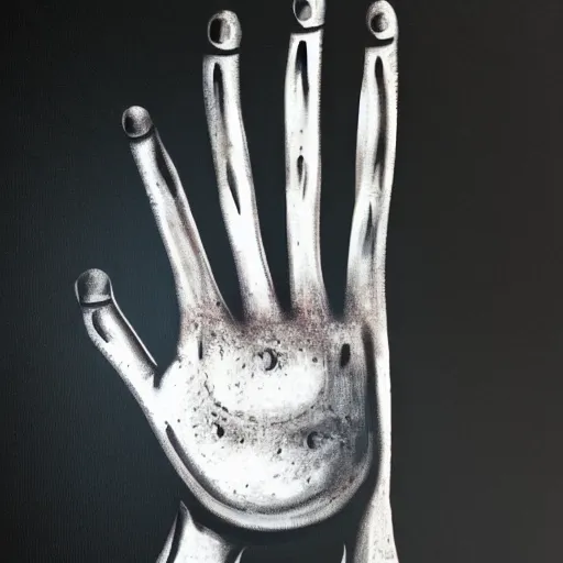 Prompt: chrome plated hand on a black background, desert chrome, airbrush painting