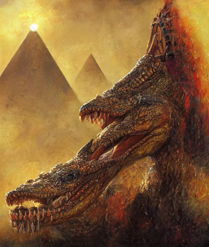 Image similar to egyptian crocodile god, fantasy artwork, godrays, warm colors, by seb mckinnon