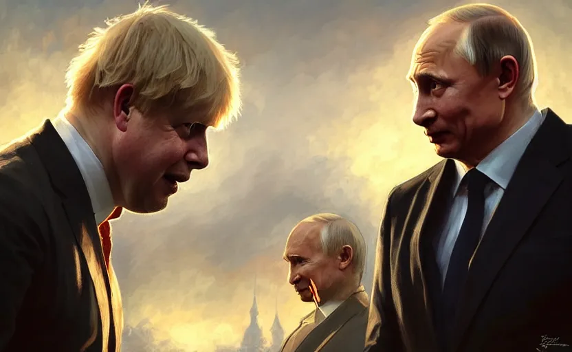 Prompt: Boris Johnson vs Vladimir Putin, face to face staring, civil war style, highly detailed, digital painting, artstation, concept art, smooth, sharp focus, illustration, cinematic lighting, art by artgerm and greg rutkowski and alphonse mucha