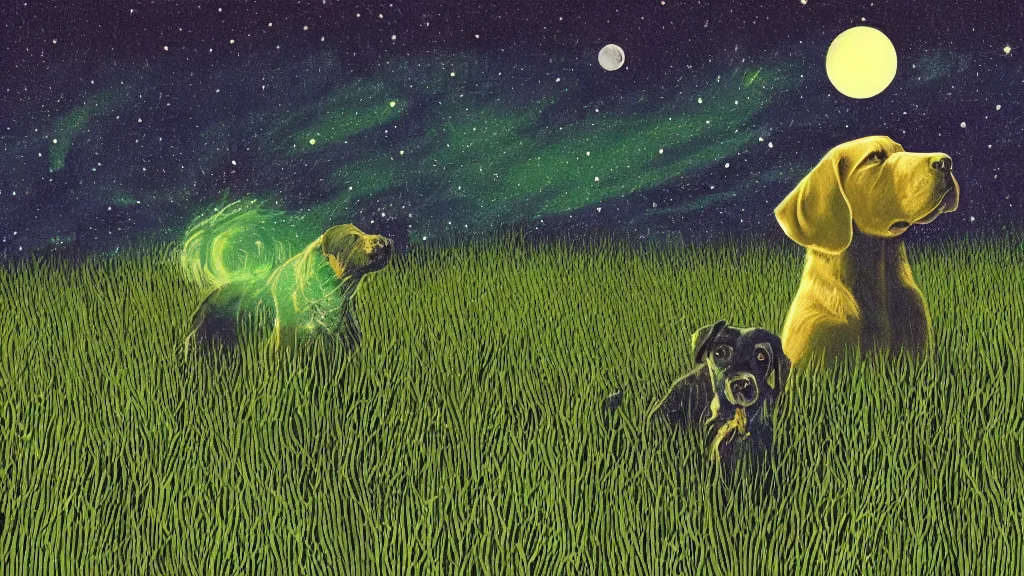 Prompt: green labrador retrievers with shaggy green fur howl at the alien moons, colorful, deep shadows, astrophotography, very detailed, prophet graphic novel, ilya kuvshinov, mcbess, rutkowski, simon roy, illustration of a grassy green sea of grass at night