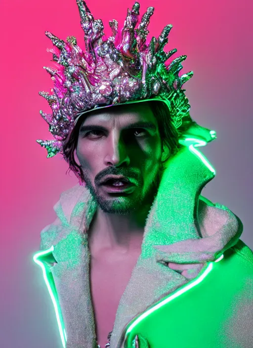 Image similar to photo of baroque and bladerunner delicate neon diamond sculpture of ceramic albino king santiago cabrera seductive delicious tongue sticking out, creamy pink iridescent humanoid deity wearing red furry hoody holding diamond skull in a green metallic dungeon, reclining, glowing rainbow face, crown of white diamonds, cinematic lighting, photorealistic, octane render 8 k depth of field 3 d