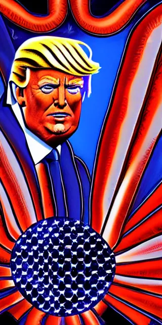 Image similar to donald trump american patriot apotheosis in the style of alex grey