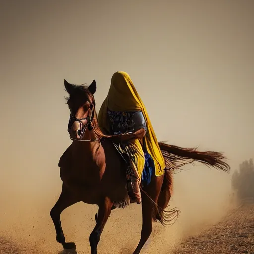 Image similar to ultra - photorealistic, burqa woman driving horse and handling weapon, dust, yellow cinematic, 4 k, 8 0 0 mm, uhd, vogue, winning photo of the year, sharp focus, intricate, hyperdetailed