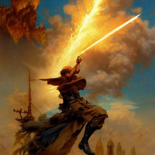 Prompt: stunning male master wizard destroying aircraft by his fire spell, highly detailed painting by gaston bussiere, craig mullins, j. c. leyendecker, 8 k