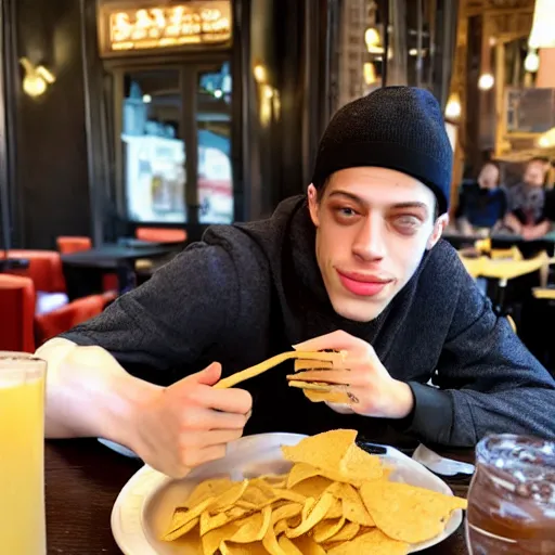 Prompt: pete davidson eating chips and hummus while writing haiku in a french bistro