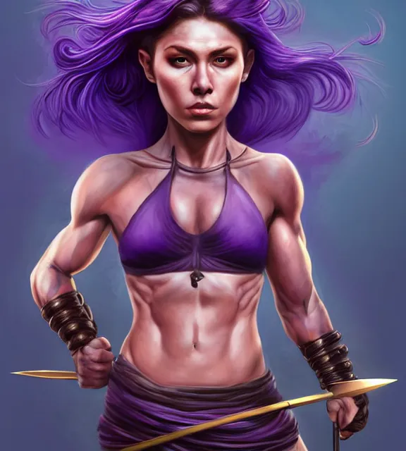 Image similar to muscular female warrior holding dagger shaft, perfect face, diadem, black halter top, purple hair, abs, cinematic, blush, stunning, athletic, strong, agile, highly detailed, psychedelic, digital painting, artstation, smooth, hard focus, illustration, art by jessica rossier and and brian froud